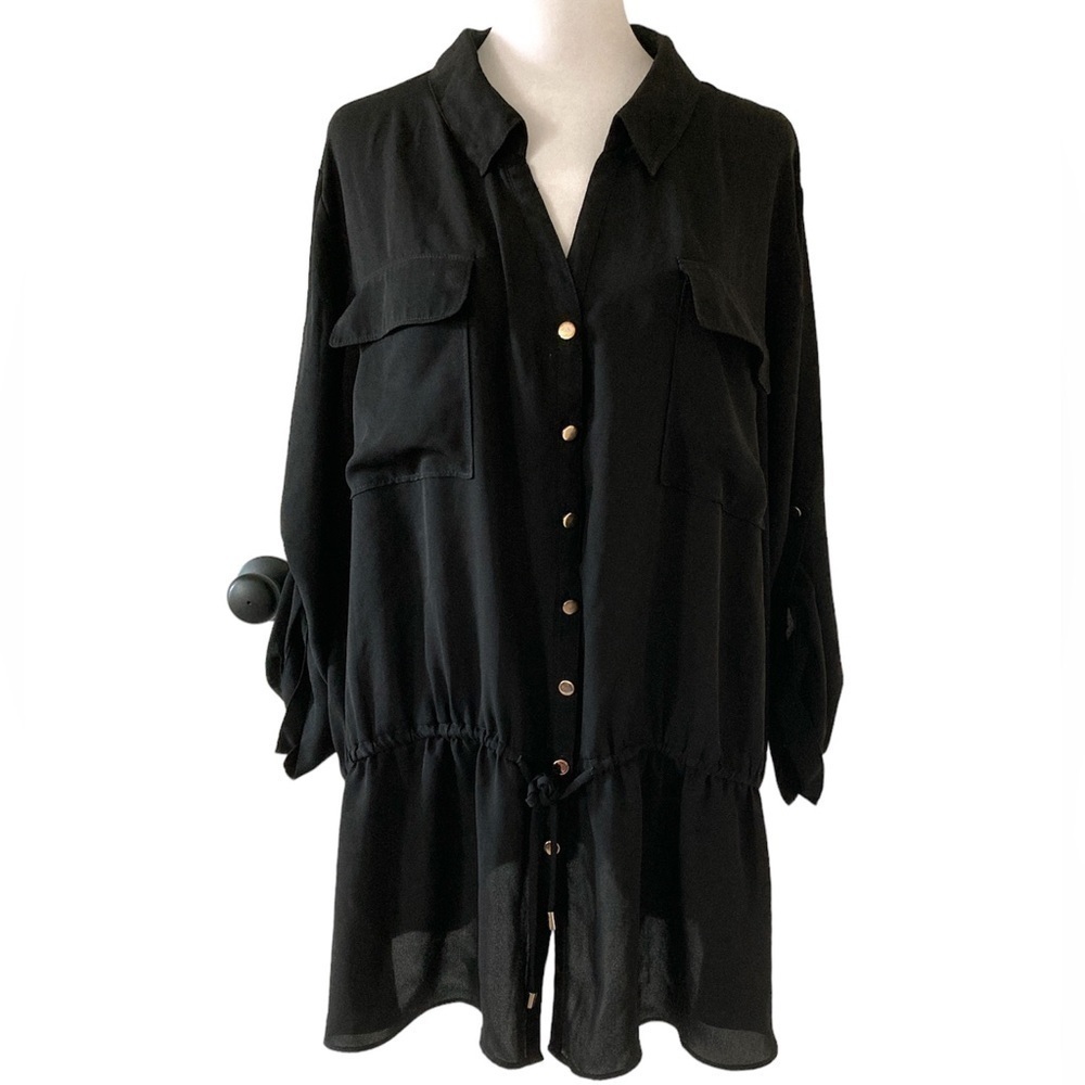 Lane Bryant 26 28 black sheer blouse button down v-neck collar